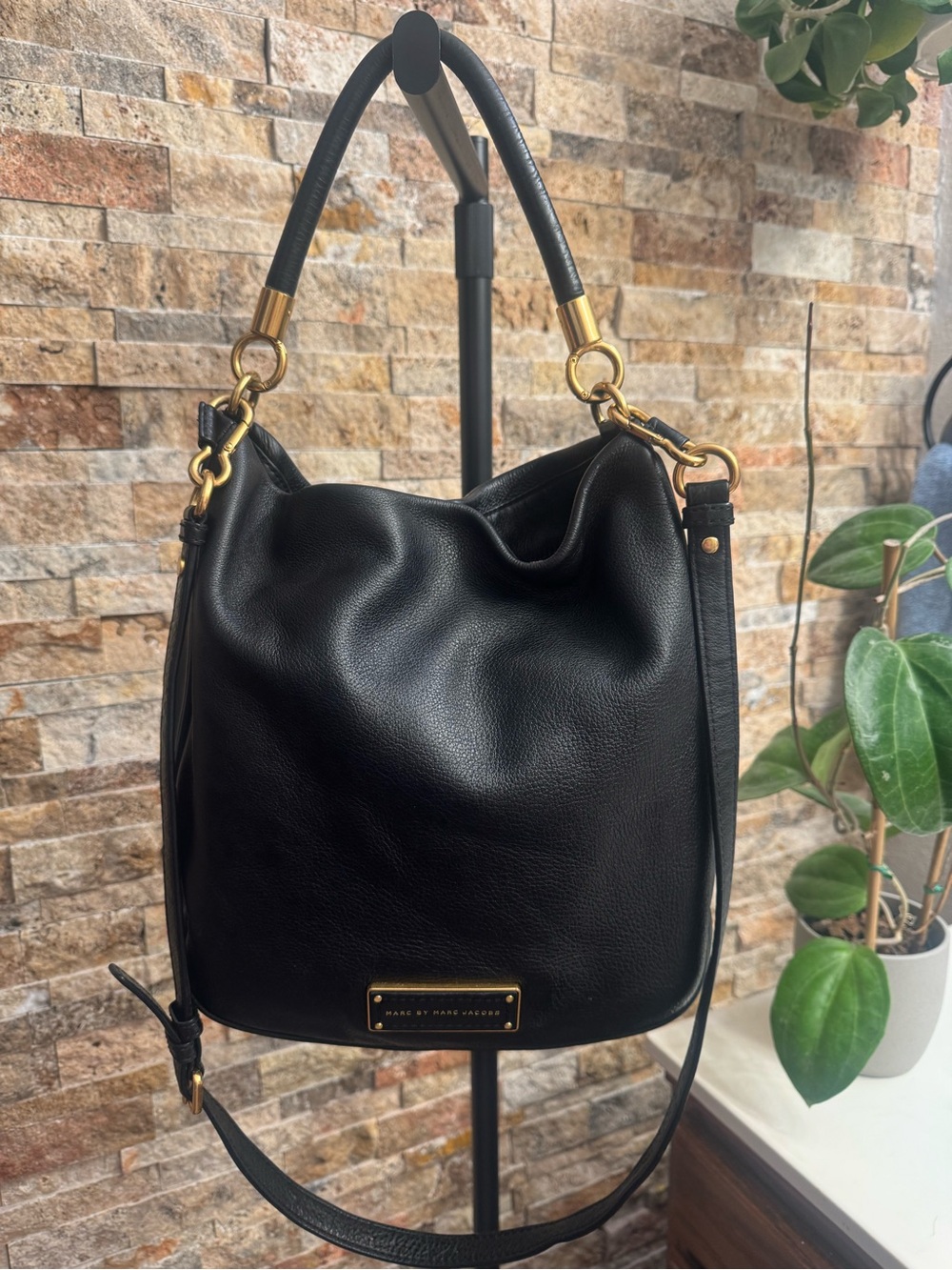 Marc by Marc Jacobs Black Leather Hobo Crossbody Bag with Gold Hardware
